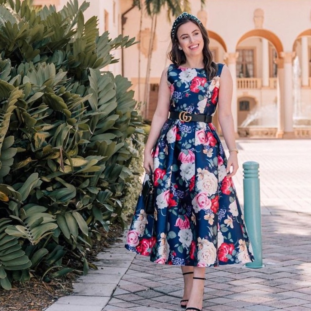 Floral Fit-and-Flare Midi Dress in Navy